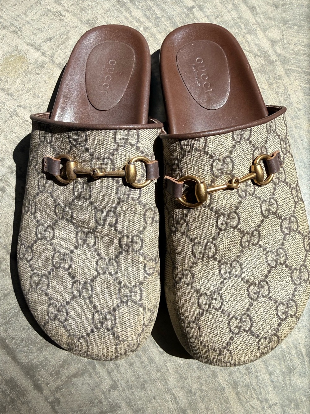 Gucci Beige GG Canvas Horsebit Slides with Brown Trim - Picture 6 of 6
